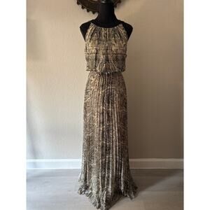 VINCE CAMUTO Pleated Dress Snakeskin Design Green Tan Sz 12 Tall Elegant Evening